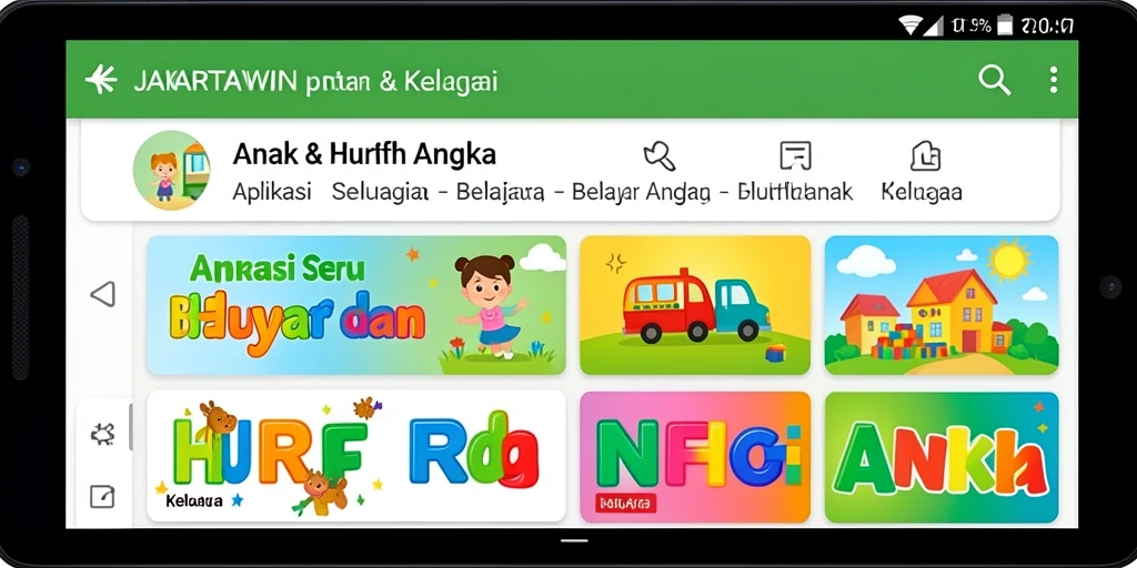 Tampilan antarmuka JAKARTAWIN yang ceria dan interaktif saat belajar huruf dan angka.