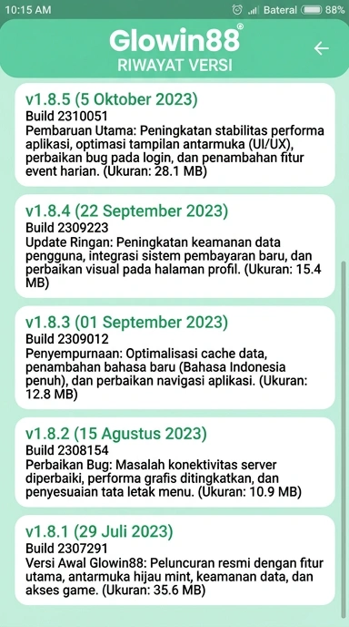 Riwayat Versi Terbaru glowin88 untuk Android